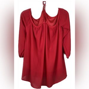 Vemvan Size Small Chiffon Style Red Blouse w/Liner & Keyhole Button Clos…